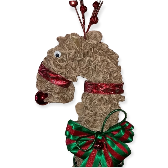 RUDOLPH REINDEER RUSTIC BURLAP CHRISTMAS WREATH - Picture 2 of 3